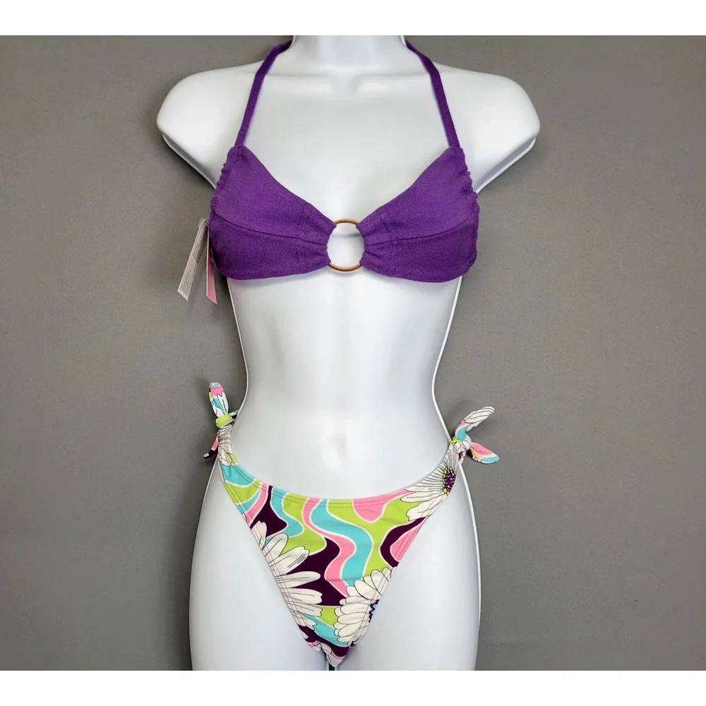 Cia Maritima 2 Piece Bikini Womens Large Purple Bandeau Top Floral Beachwear New